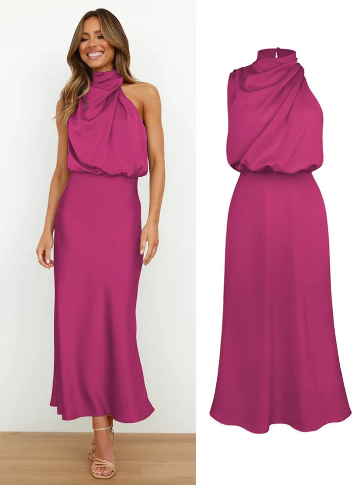 Vivara | Cowl Twist Blouson Halter Neck Maxi Dress in Satin