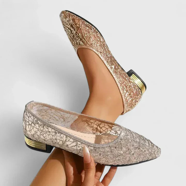 Glinda | Metallic Lace Pointed Toe Orthopedic Flats with Gold Heel