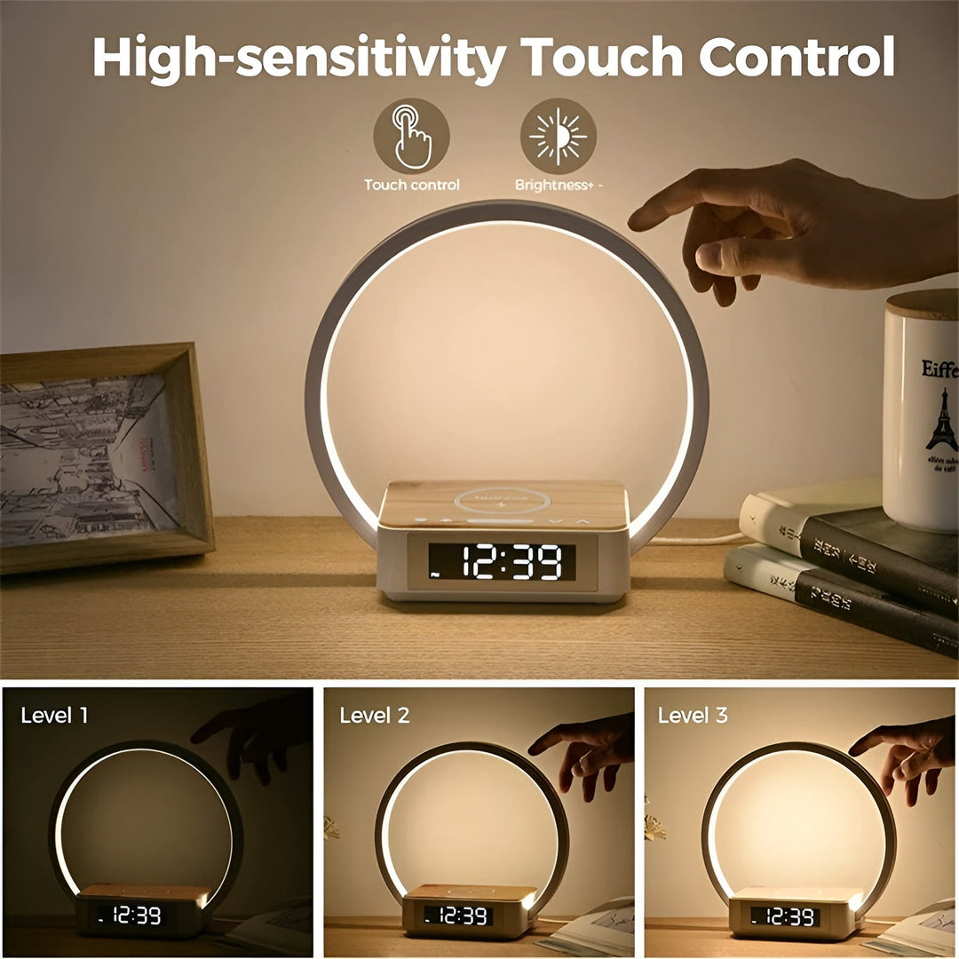 Designer Night Light with Wireless Charger and Alarm Clock – Bedside Lamp with Gentle Wake-Up &amp; Touch Control – LumoRise