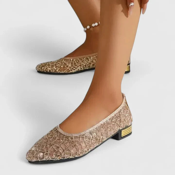 Glinda | Metallic Lace Pointed Toe Orthopedic Flats with Gold Heel