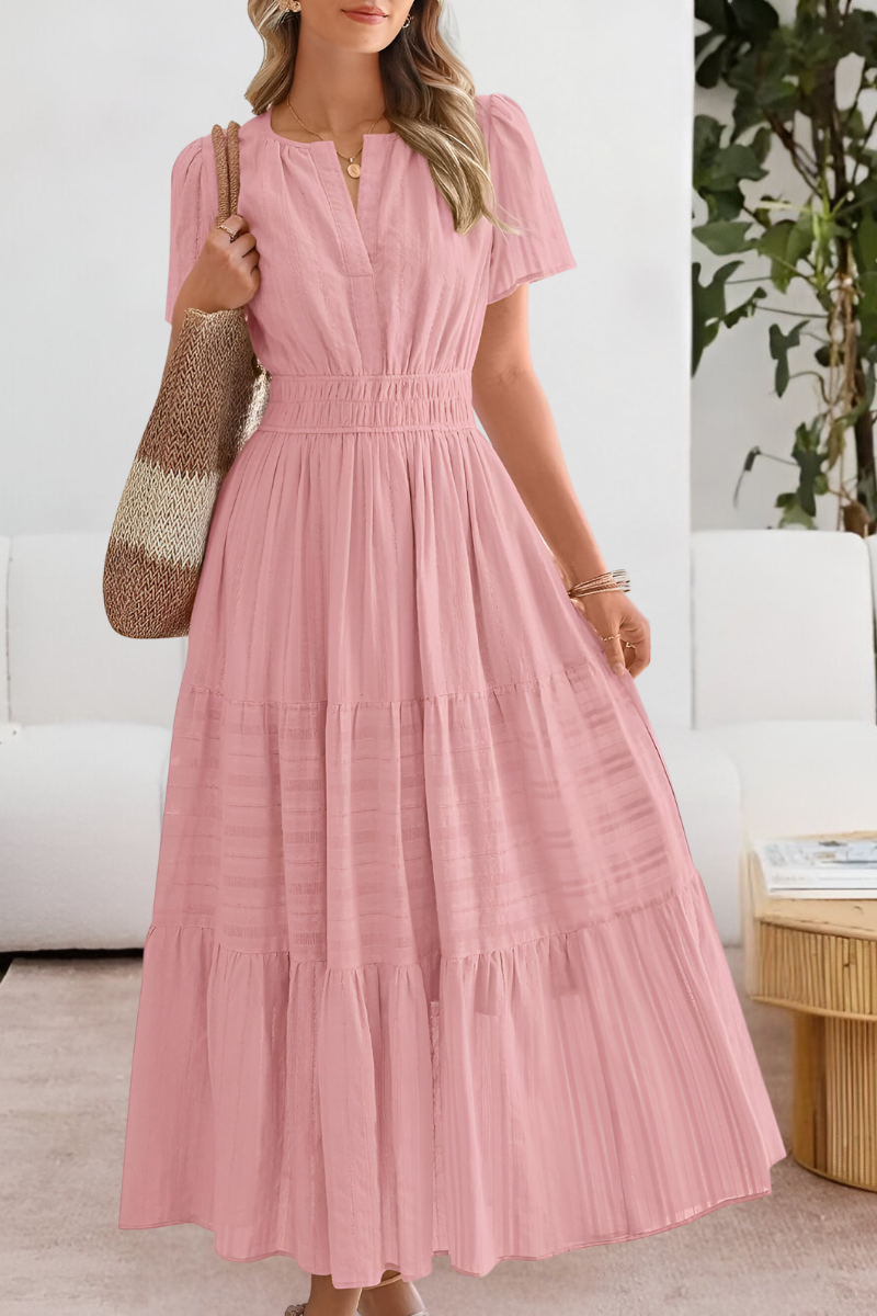 Sunniva | Notch Neck Flutter Sleeve Tiered Boho Dress with Smocked Waist