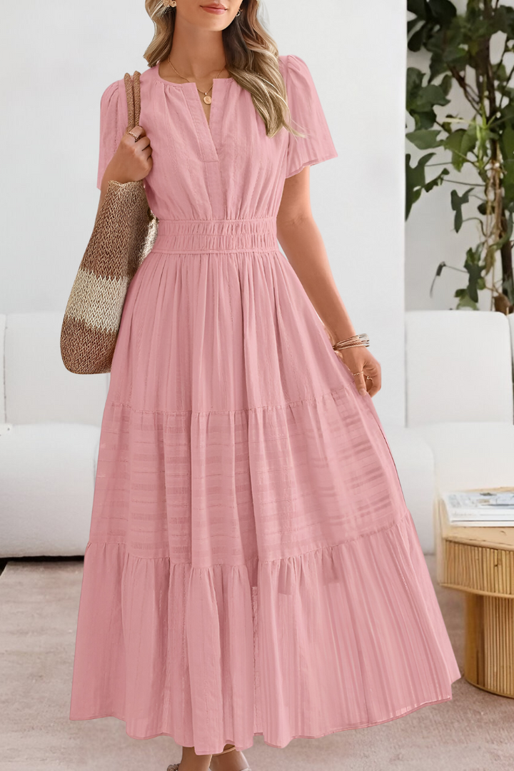 Sunniva | Notch Neck Flutter Sleeve Tiered Boho Dress with Smocked Waist