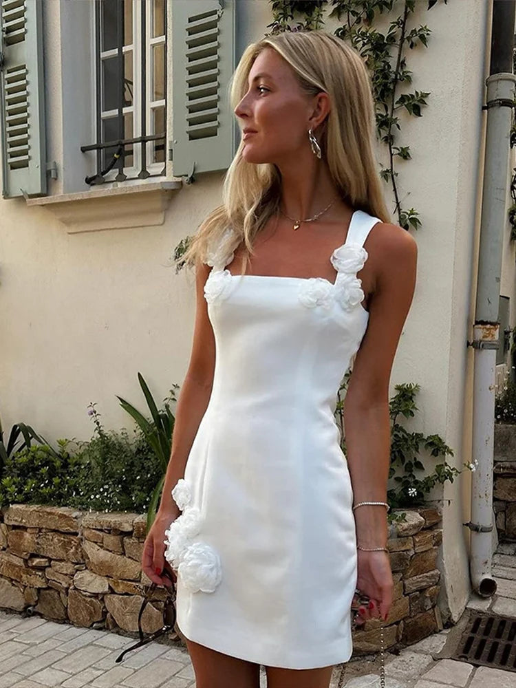 Rosalind | Women's 3D Floral Applique Square Neck Mini Dress