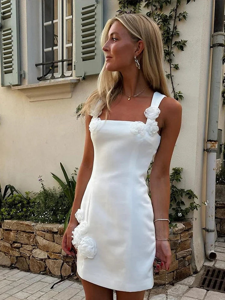 Rosalind | Women's 3D Floral Applique Square Neck Mini Dress