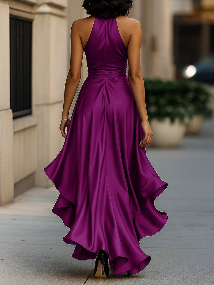 Lysette | Wrap V-Neck Bow Waist Ruffle Halter Neck Dress