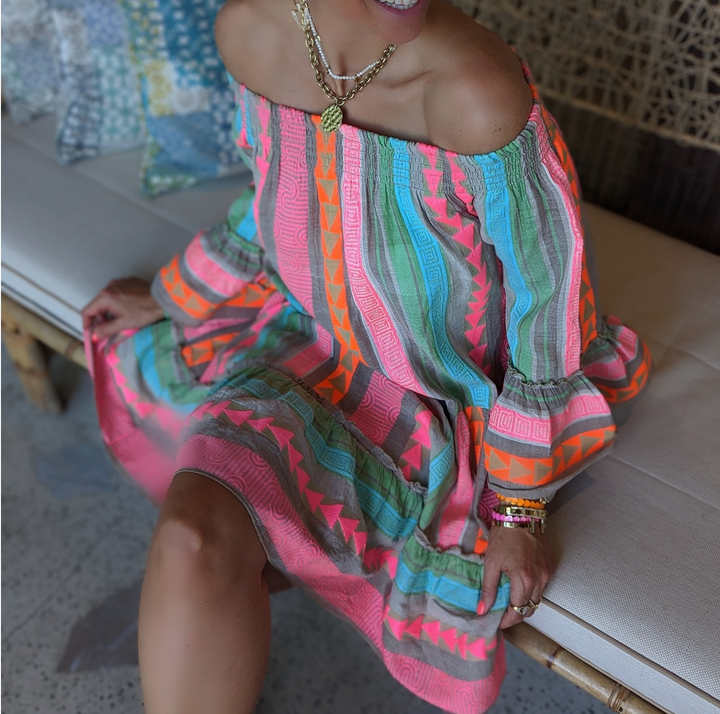 Zara | Aztec Print Flare Sleeve Off Shoulder Dress