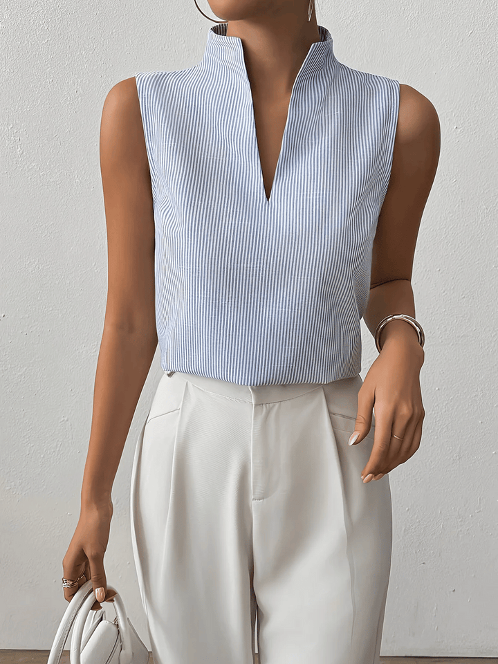Riviera | Striped V-Neck Sleeveless Top with Stand Collar