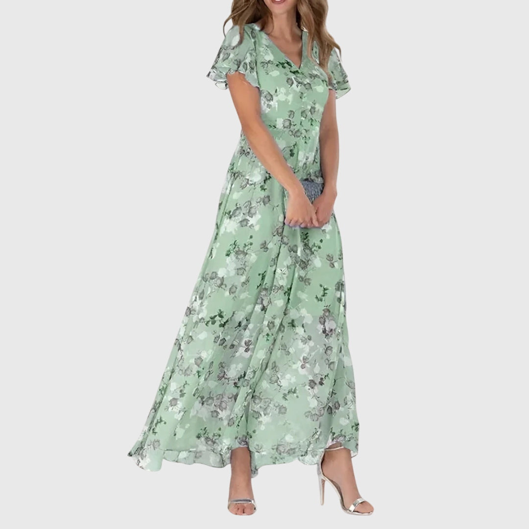 Riviera | Floral Chiffon Maxi Summer Dress with Flutter Sleeves