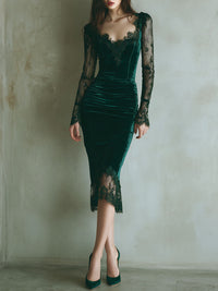 Genevieve | Velvet Lace Trim Bodycon Midi Dress