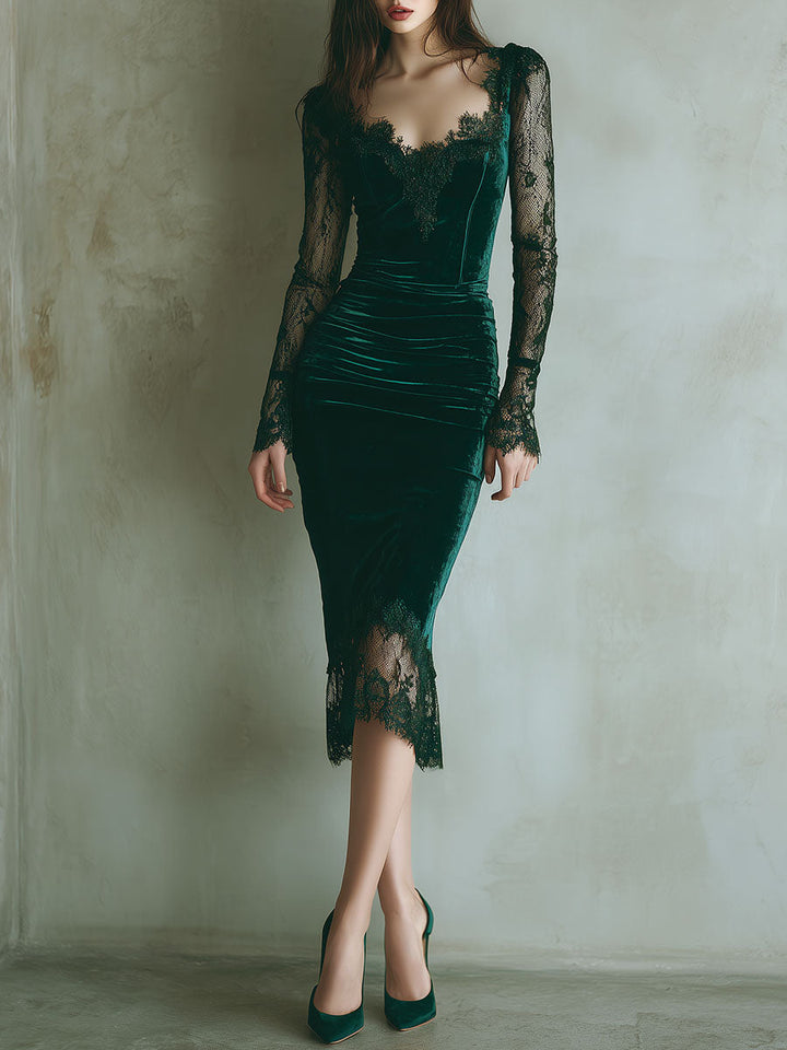 Genevieve | Velvet Lace Trim Bodycon Midi Dress