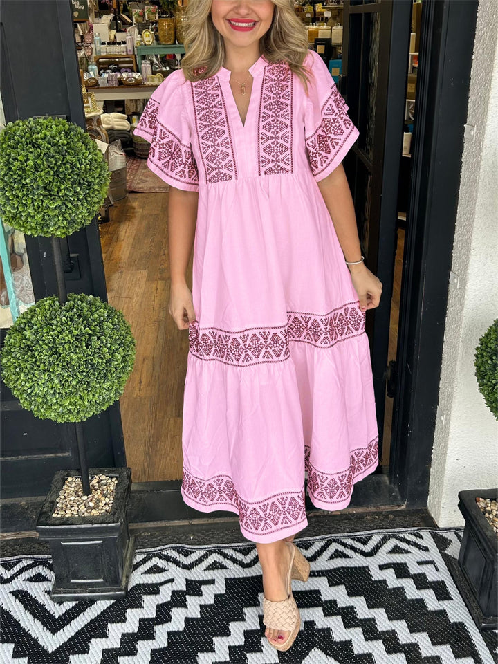 Zara | Geometric Embroidered Tiered Boho Dress with Flutter Sleeves
