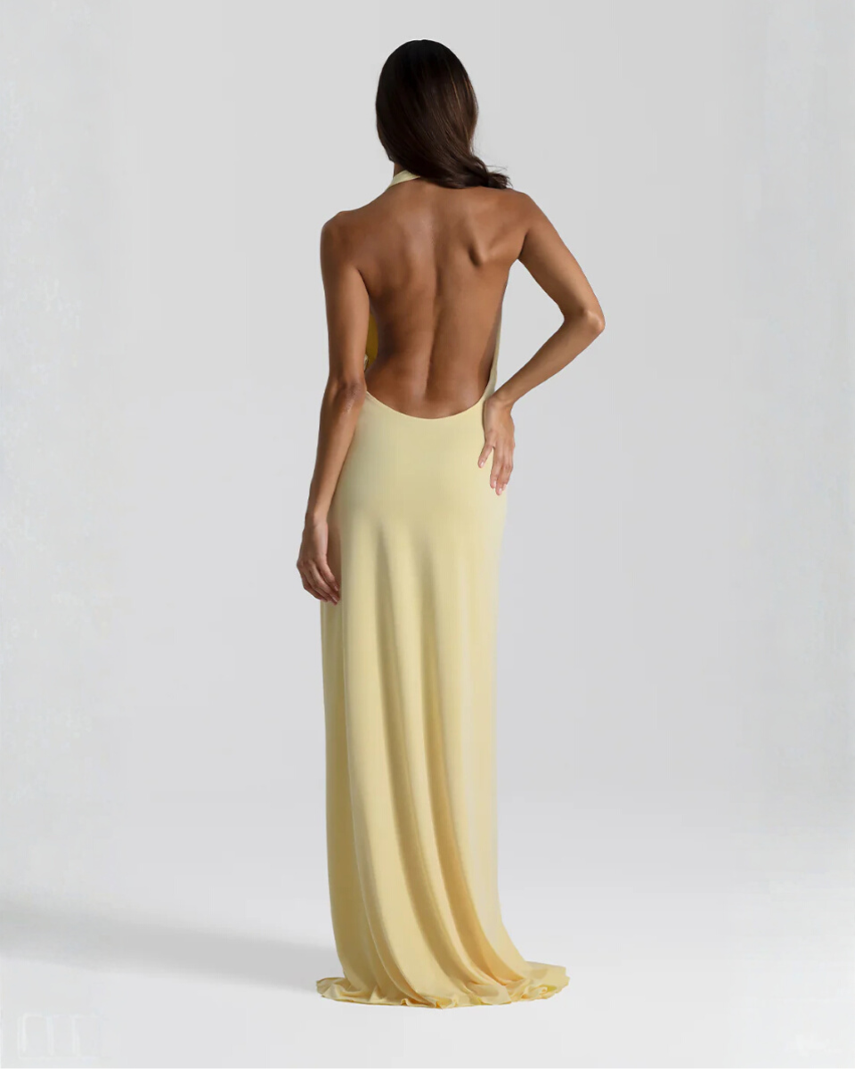 Isolde | Draped Cowl Neck Thigh Slit Halter Neck Dress