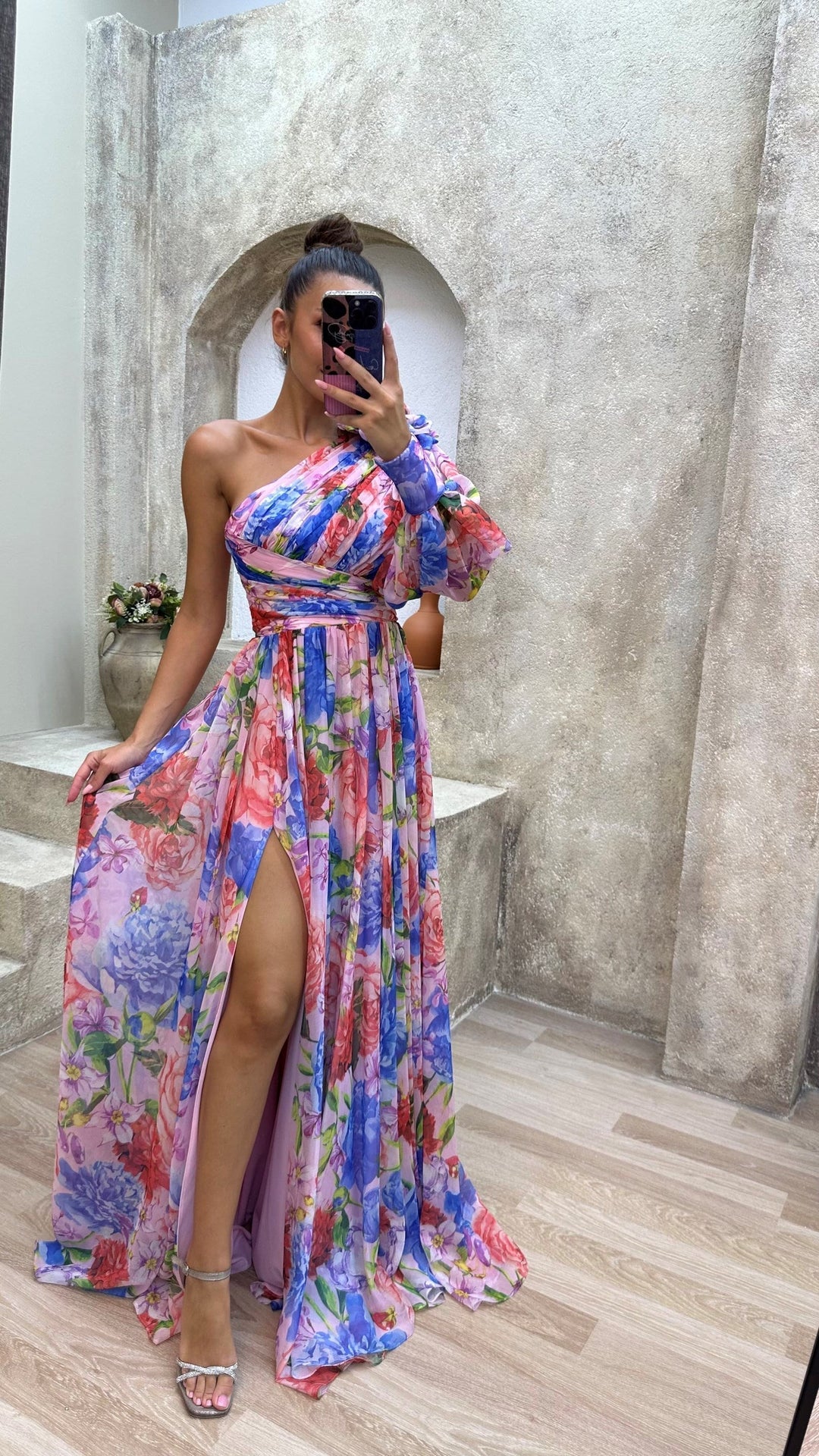 Valentina | Floral Puff Sleeve One Shoulder Off Shoulder Dress
