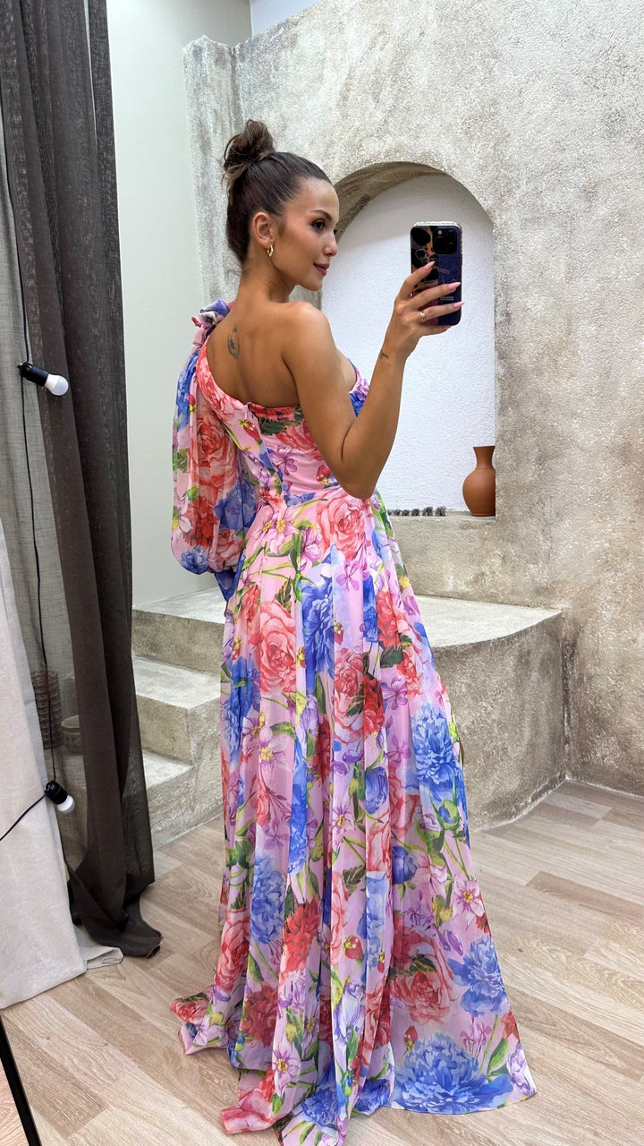 Valentina | Floral Puff Sleeve One Shoulder Off Shoulder Dress