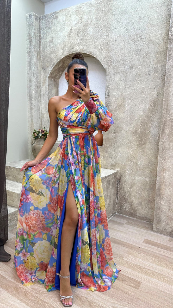 Valentina | Floral Puff Sleeve One Shoulder Off Shoulder Dress