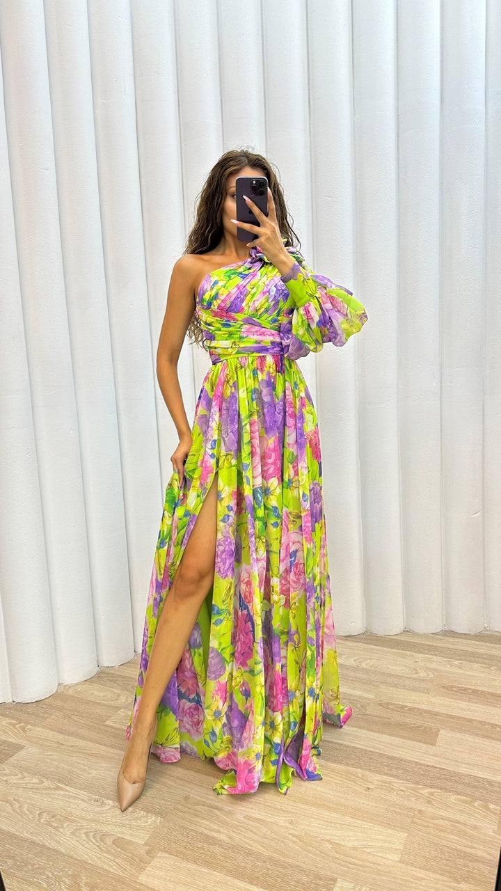 Valentina | Floral Puff Sleeve One Shoulder Off Shoulder Dress