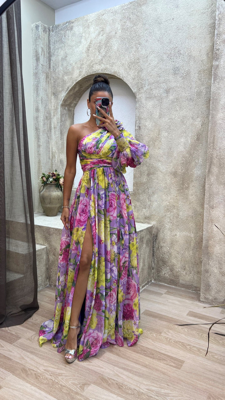Valentina | Floral Puff Sleeve One Shoulder Off Shoulder Dress