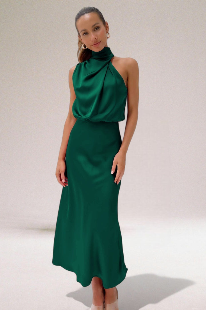 Veronique | Draped Blouson Satin Halter Neck Dress