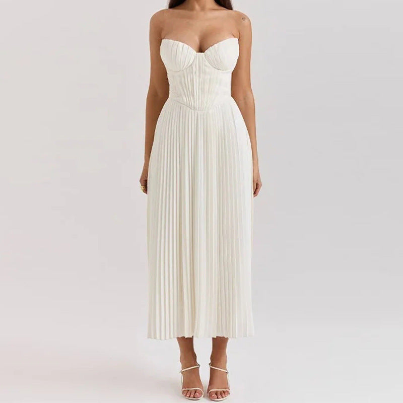 Genevieve | Strapless Corset Womens Pleated Midi Dress