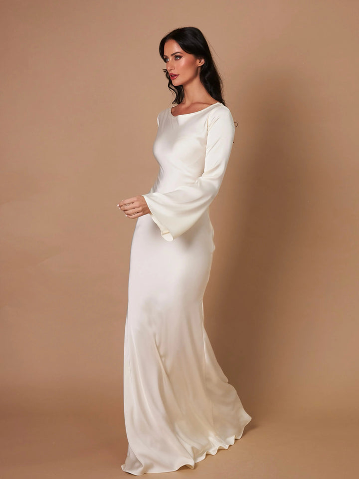 Anouk | Women's Long Sleeve Satin Maxi Dress with Draped Cowl Neck Detail