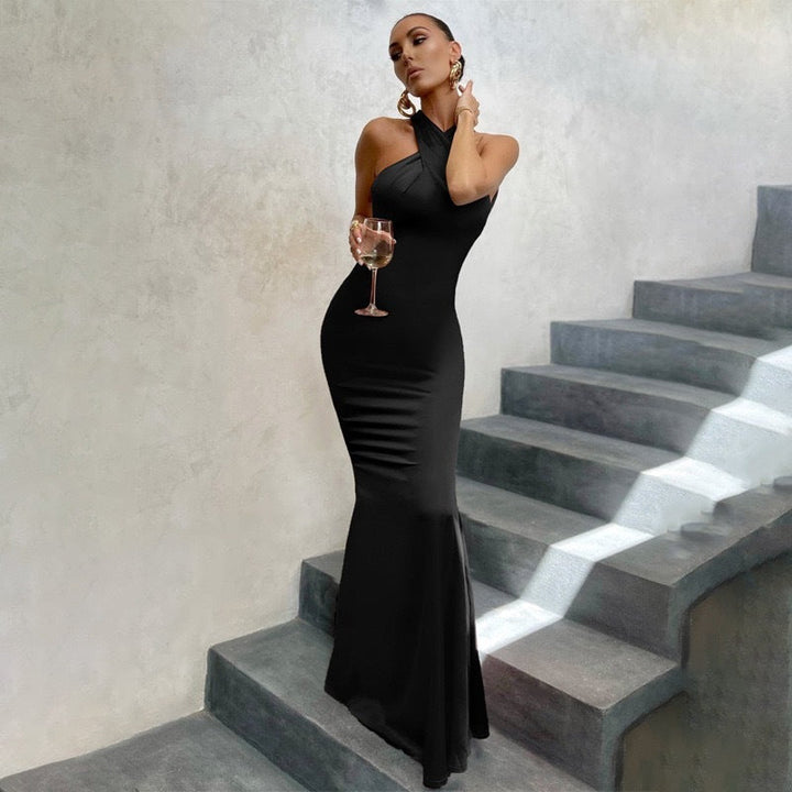 Roxanne | Cross Halter Neck Mermaid Maxi Cocktail Dress