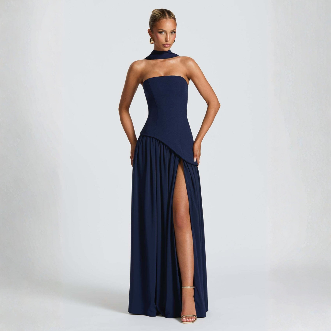 Odessa | Women's Strapless Maxi Dress with High Slit Detail
