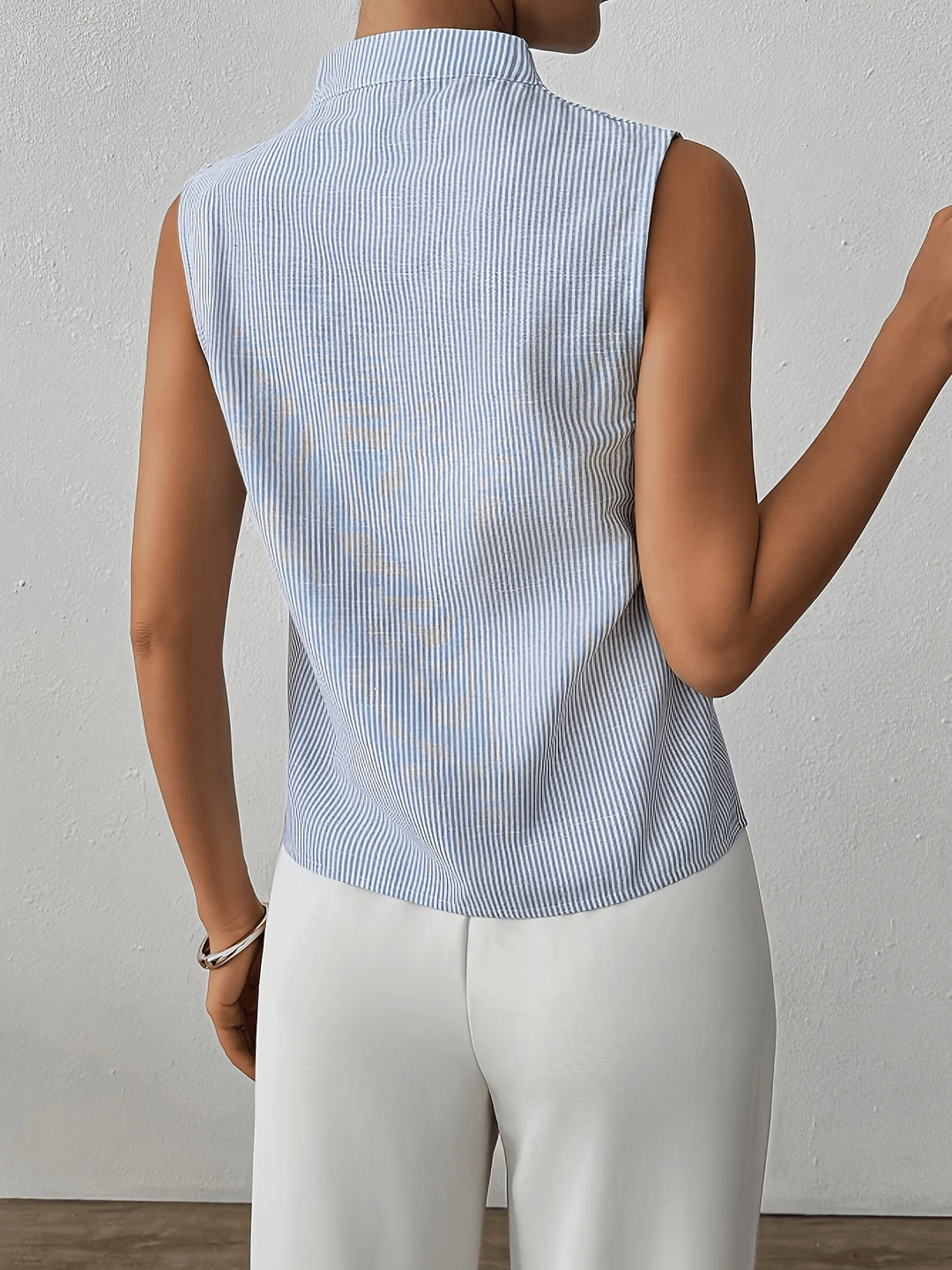 Riviera | Striped V-Neck Sleeveless Top with Stand Collar