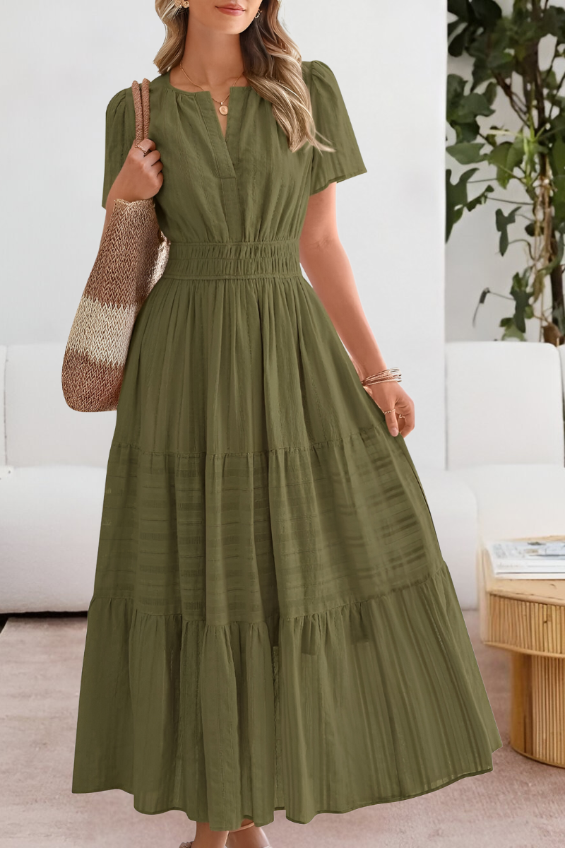 Sunniva | Notch Neck Flutter Sleeve Tiered Boho Dress with Smocked Waist