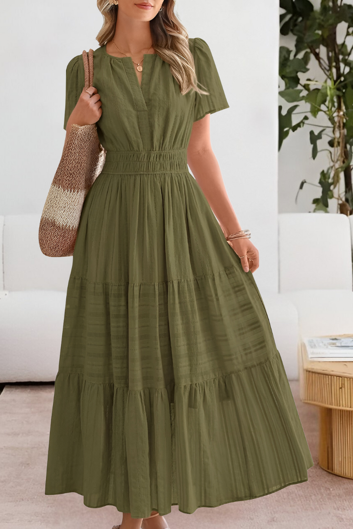 Sunniva | Notch Neck Flutter Sleeve Tiered Boho Dress with Smocked Waist