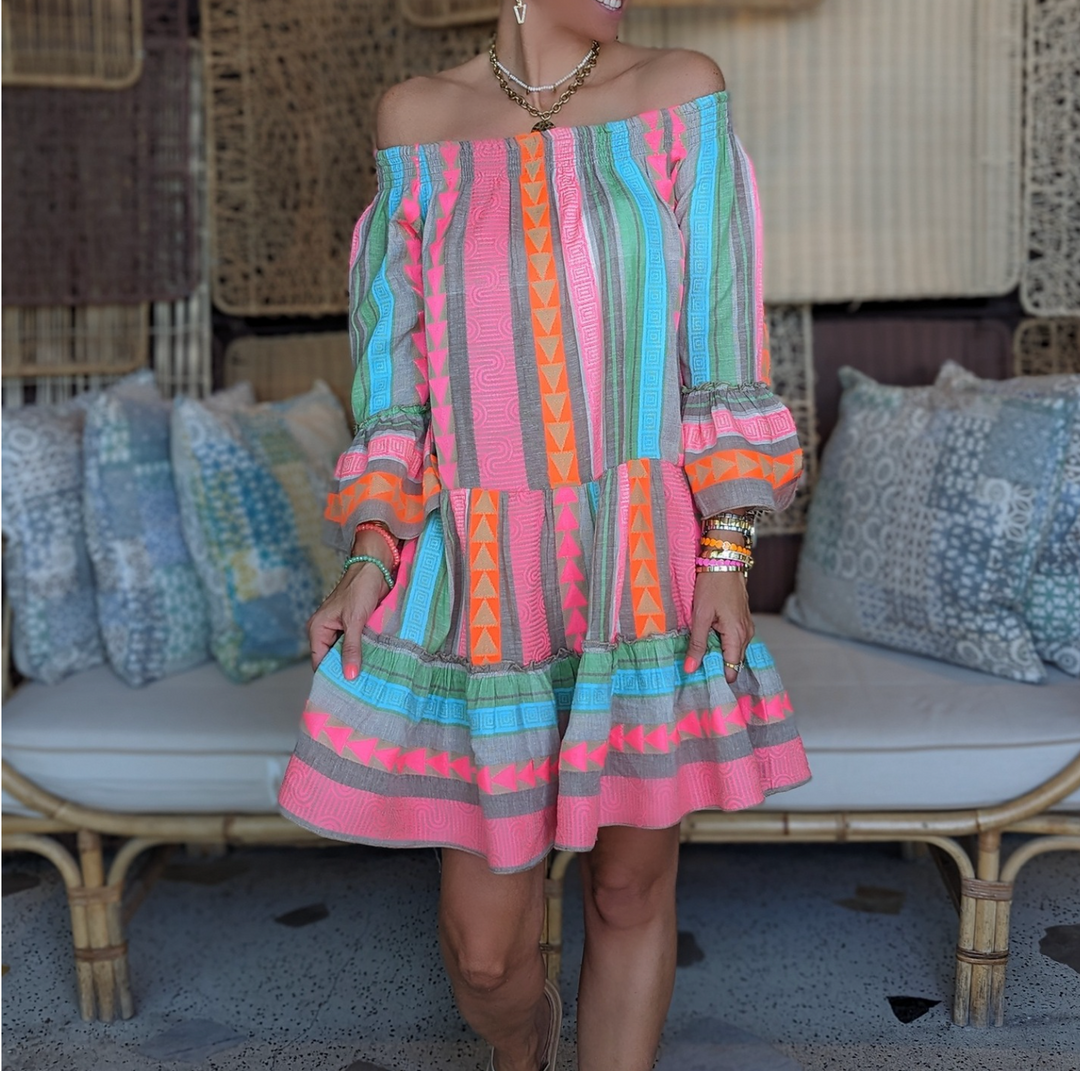 Zara | Aztec Print Flare Sleeve Off Shoulder Dress
