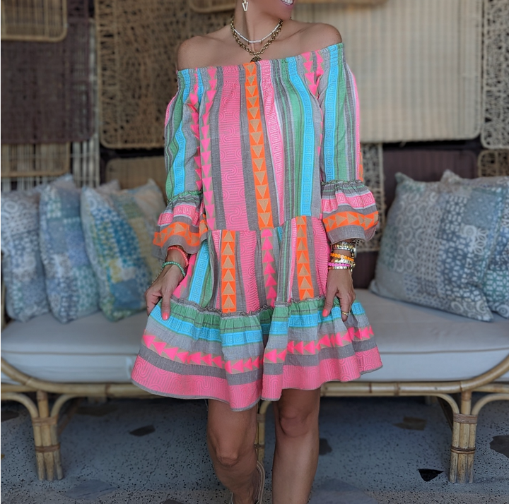 Zara | Aztec Print Flare Sleeve Off Shoulder Dress