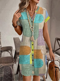 Bauhaus | Retro Geometric Print Button Front Cap Sleeve Boho Dress