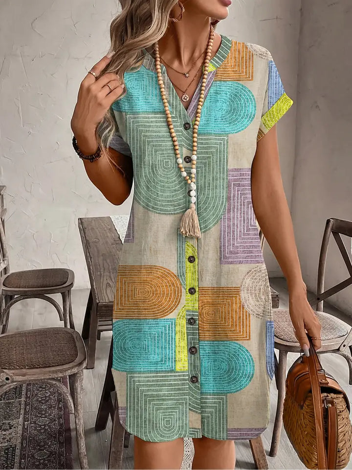 Bauhaus | Retro Geometric Print Button Front Cap Sleeve Boho Dress