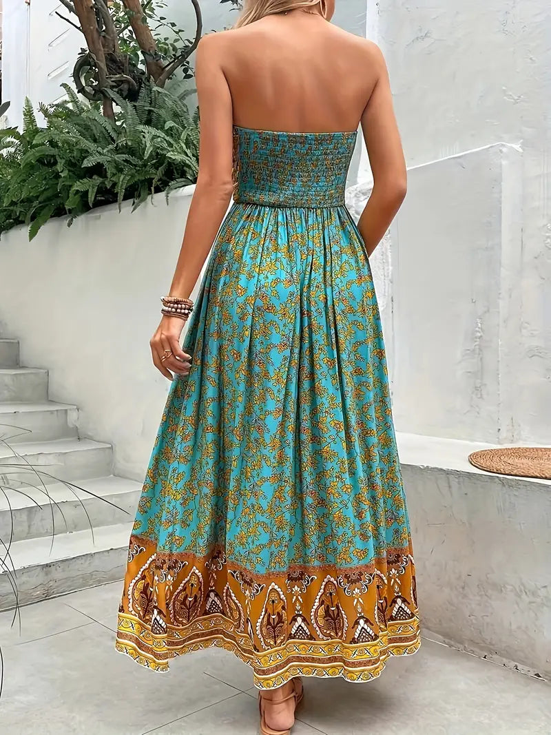 Zahara | Boho Tribal Print Strapless Womens Pleated Midi Dress