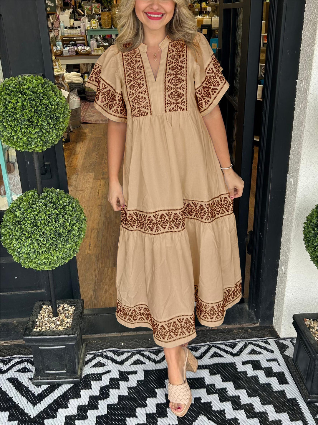 Zara | Geometric Embroidered Tiered Boho Dress with Flutter Sleeves