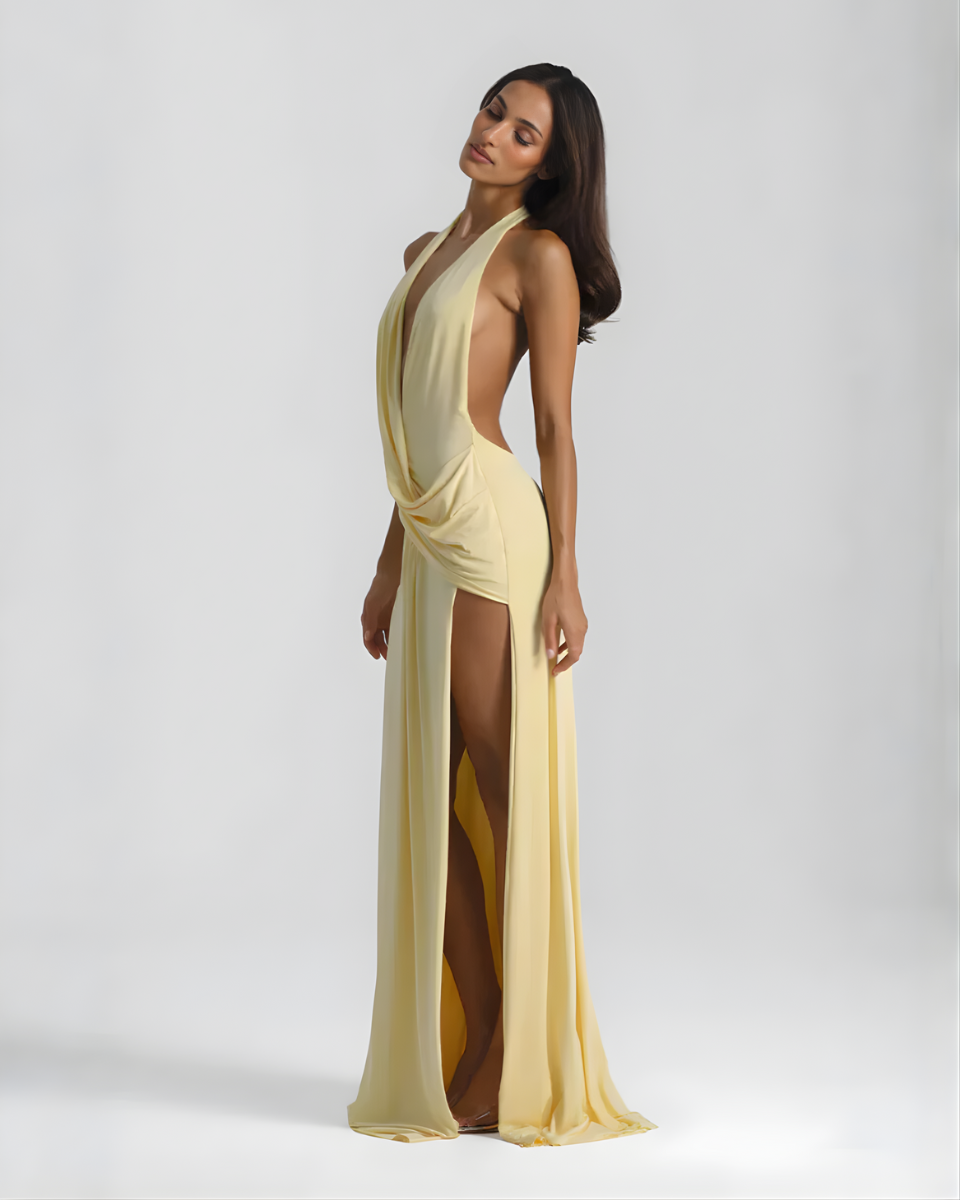 Isolde | Draped Cowl Neck Thigh Slit Halter Neck Dress