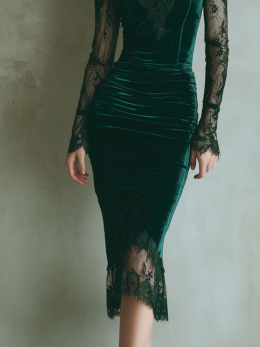Genevieve | Velvet Lace Trim Bodycon Midi Dress
