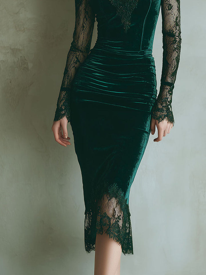 Genevieve | Velvet Lace Trim Bodycon Midi Dress