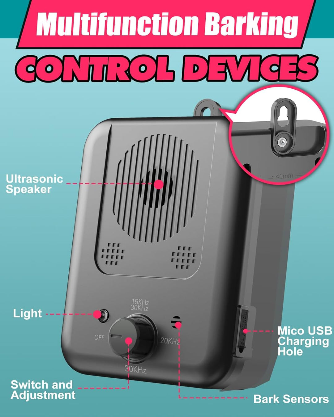 Ultrasonic Anti-Bark Device for Dogs – Rechargeable Bark Control with 50 ft Range, 3 Frequencies, IPX4 – for Yard &amp; Home