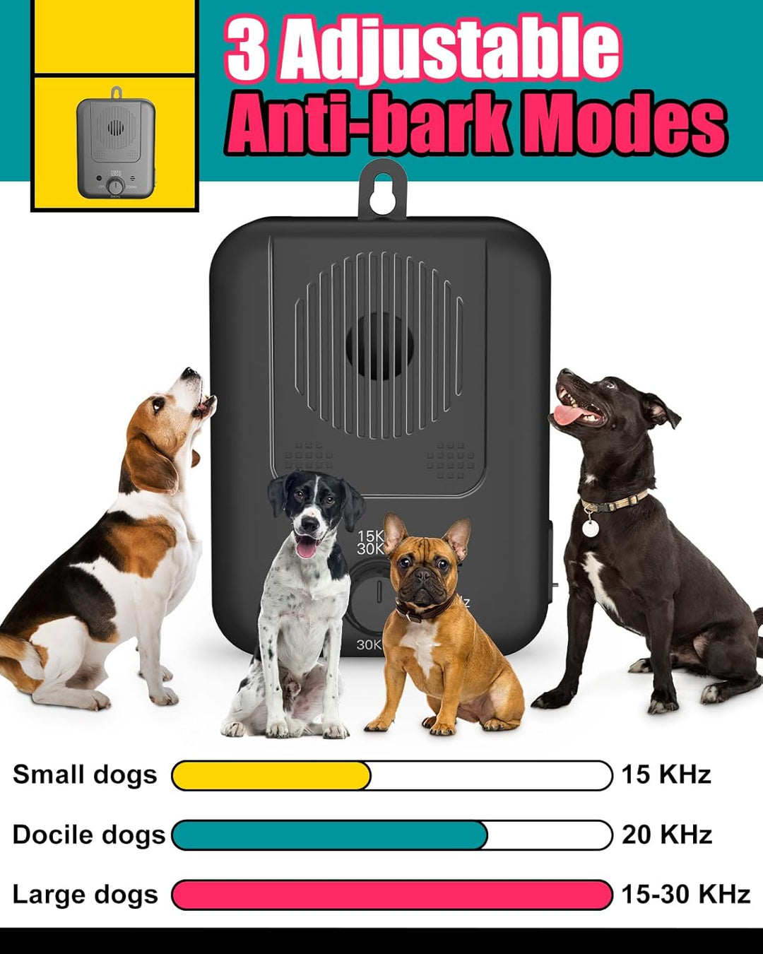 Ultrasonic Anti-Bark Device for Dogs – Rechargeable Bark Control with 50 ft Range, 3 Frequencies, IPX4 – for Yard &amp; Home