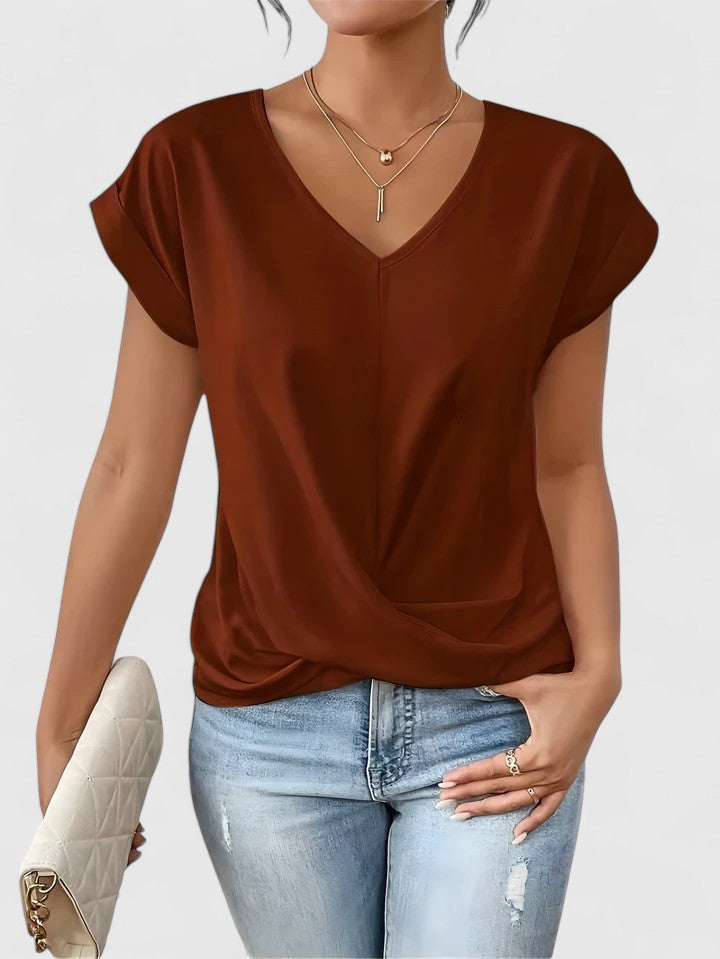 Odette | Women's V-Neck Twist Front Top with Cap Sleeve Detail