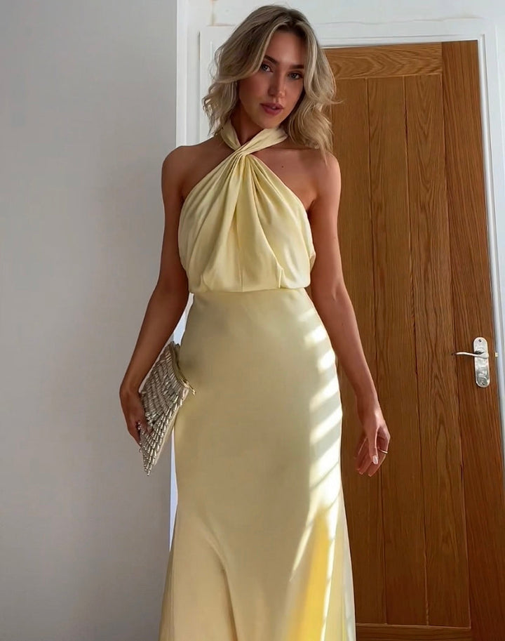Aurore | Knotted Gathered Halter Neck Maxi Dress in Satin