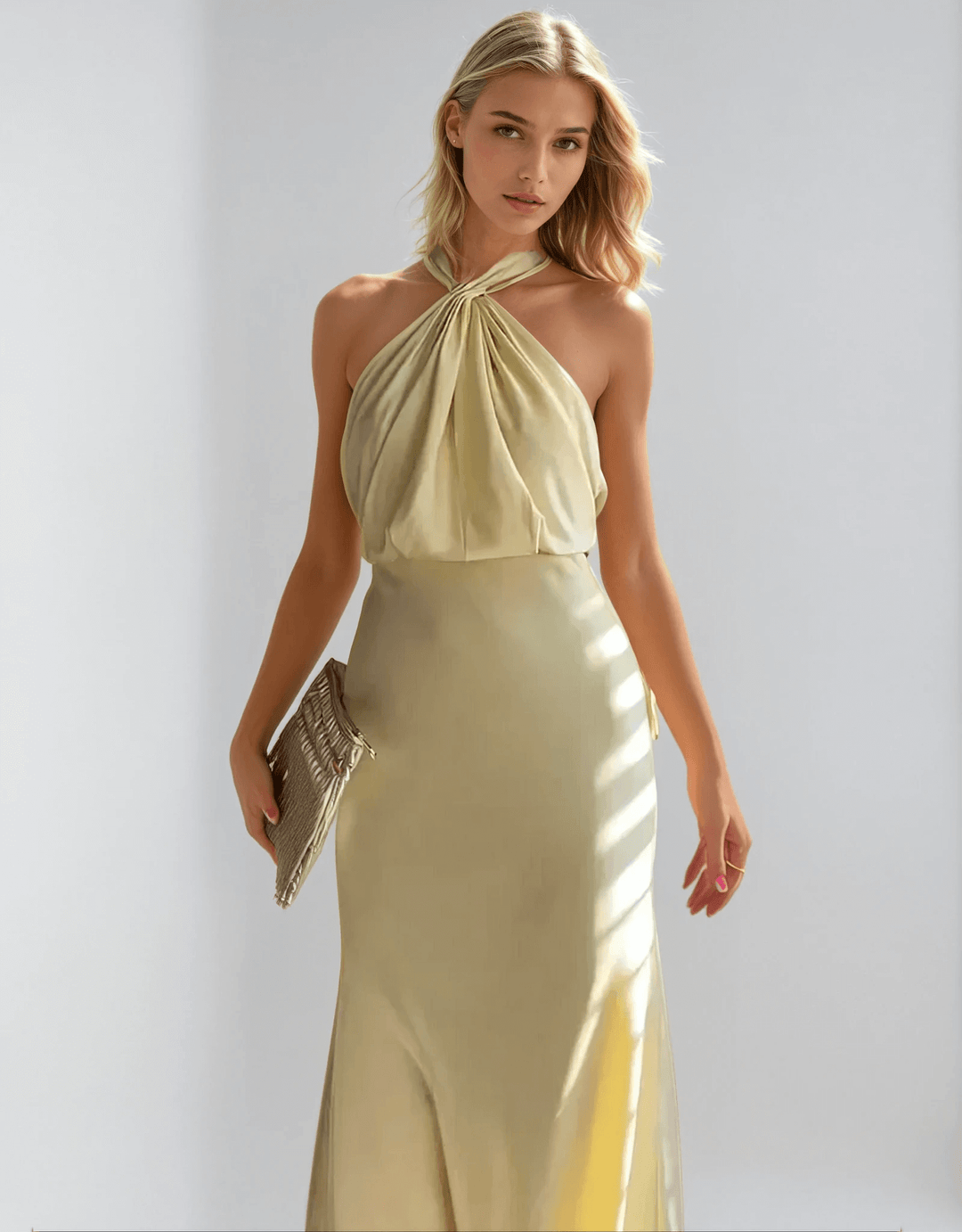 Aurore | Knotted Gathered Halter Neck Maxi Dress in Satin