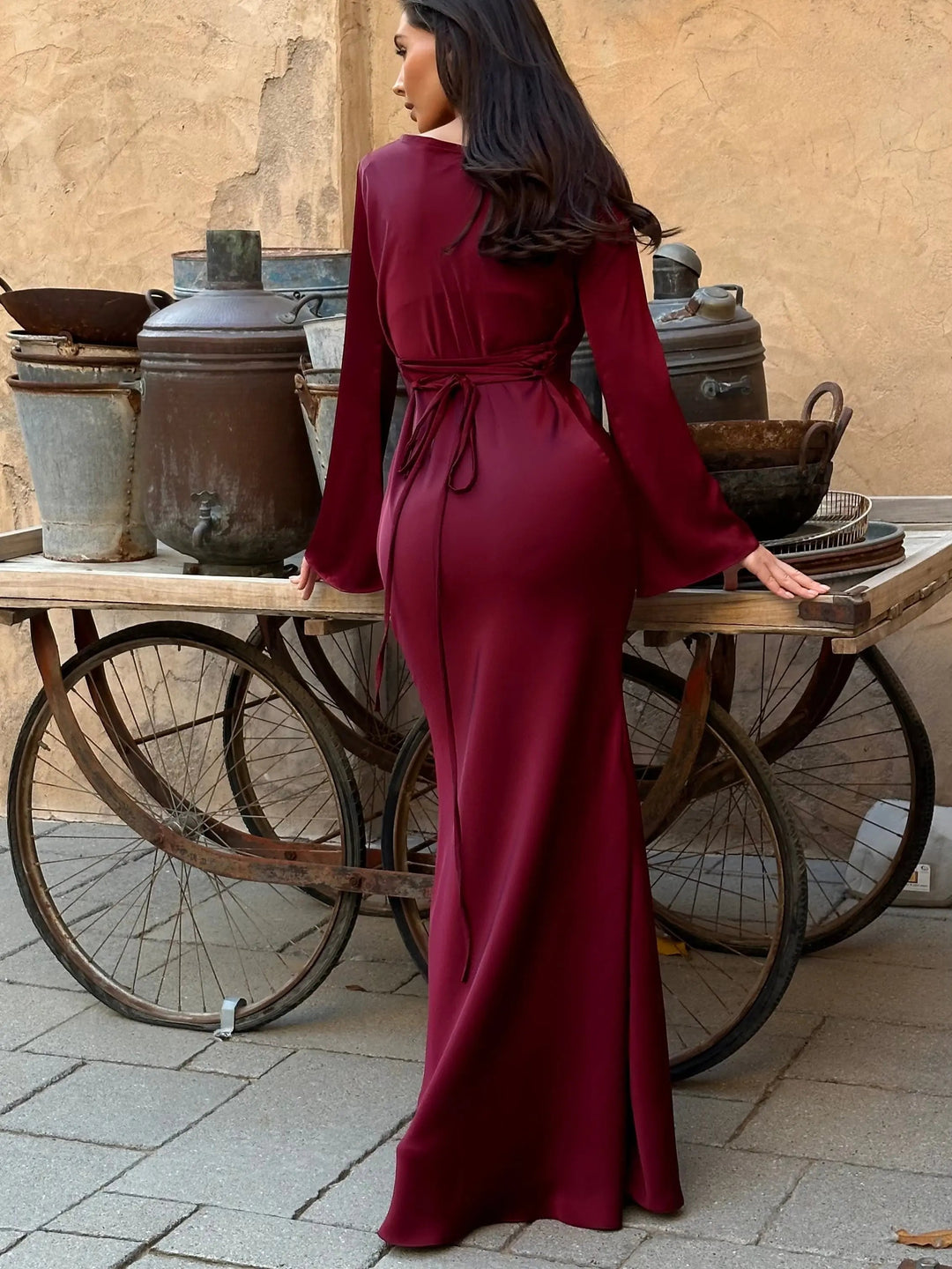 Anouk | Women's Long Sleeve Satin Maxi Dress with Draped Cowl Neck Detail