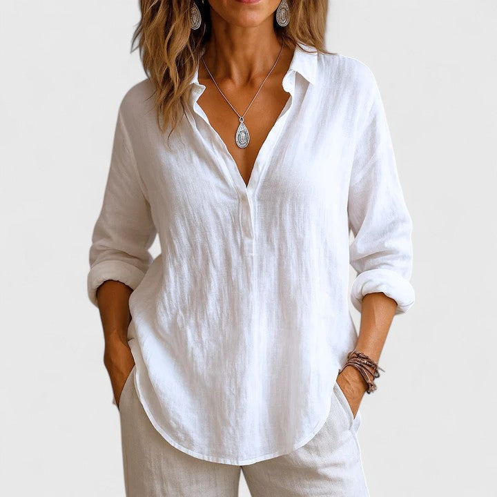 Céleste | Long Sleeve V-Neck Linen Blouse