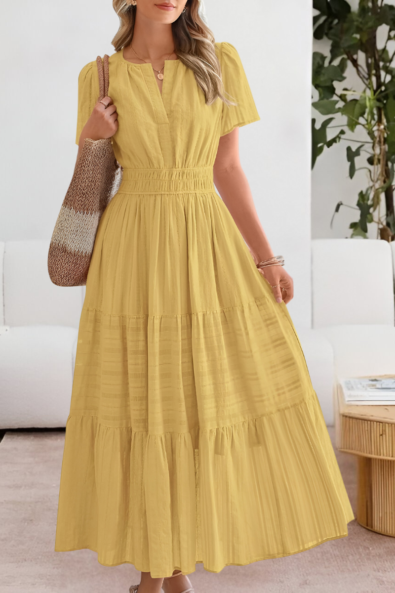 Sunniva | Notch Neck Flutter Sleeve Tiered Boho Dress with Smocked Waist