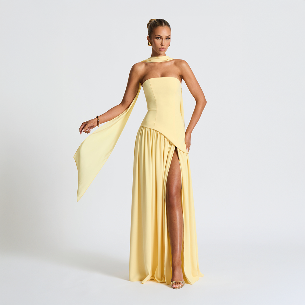 Odessa | Women's Strapless Maxi Dress with High Slit Detail