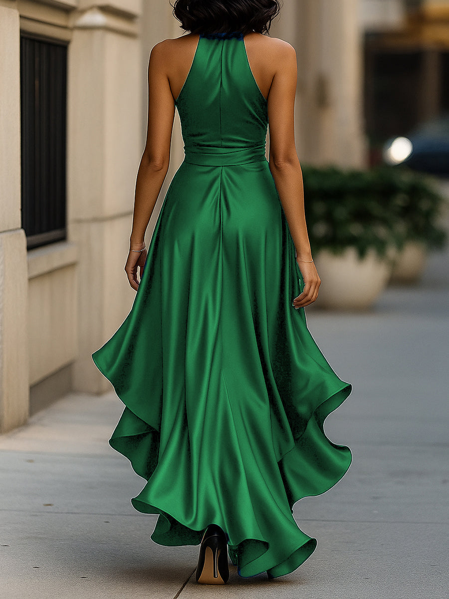Dominique | Satin Halter Wrap Bow Formal Maxi Dress