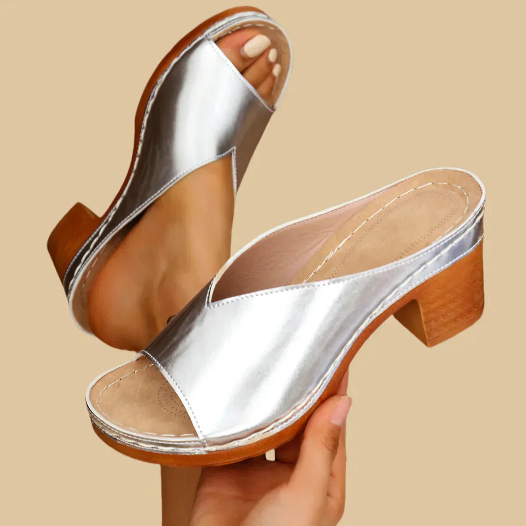 Delilah | Metallic Slip-On Sandals with Wooden Block Heel