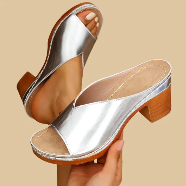 Delilah | Metallic Slip-On Sandals with Wooden Block Heel